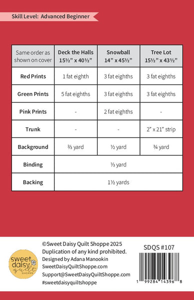 Quilt shoppe fabric requirements chart with product details on a red background